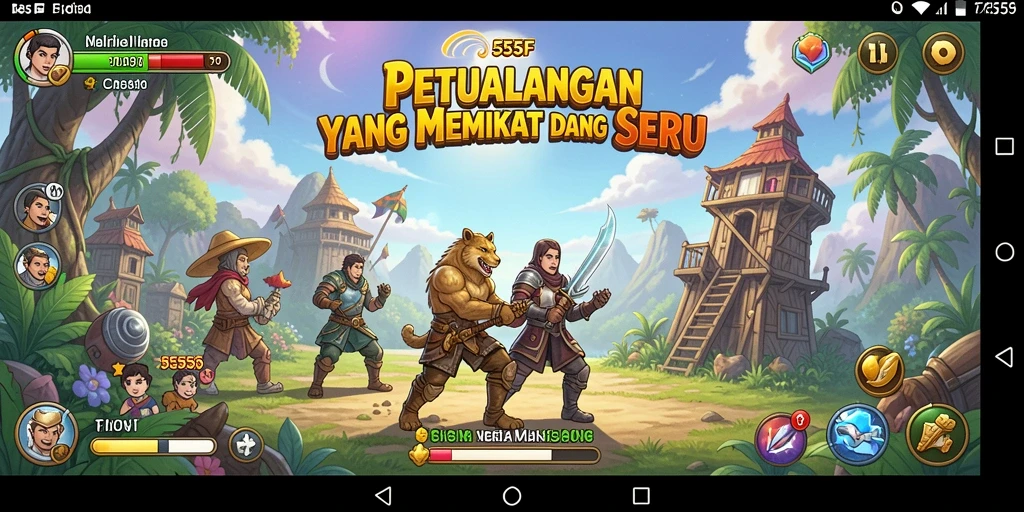 Screenshot utama 555F menampilkan gameplay mengeksplorasi dunia petualangan.