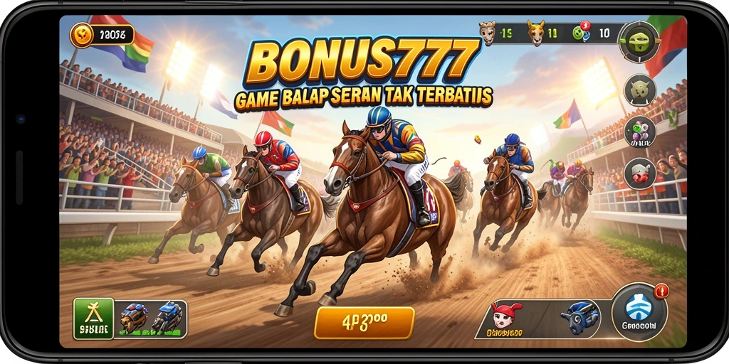 Screenshot utama BONUS777 menunjukkan mobil balap melaju kencang di trek menakjubkan.