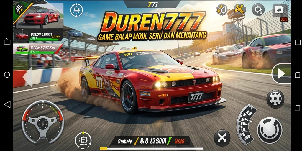 Screenshot DUREN777 menampilkan aksi balap mobil yang mendebarkan.