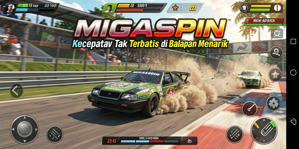 Screenshot gameplay MIGASPIN dengan mobil balap beraksi di trek menantang.