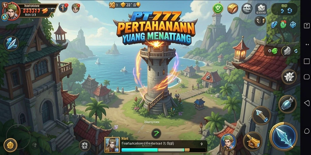 Screenshot PT777 menampilkan aksi pertahanan menara yang intens.