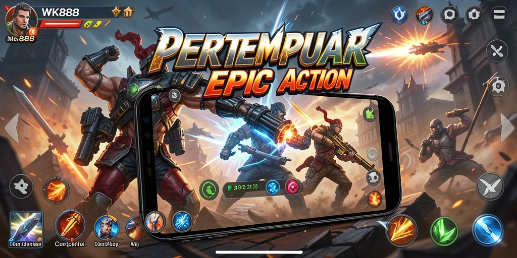 Screenshot gameplay WK888 menampilkan aksi intens dalam pertempuran.