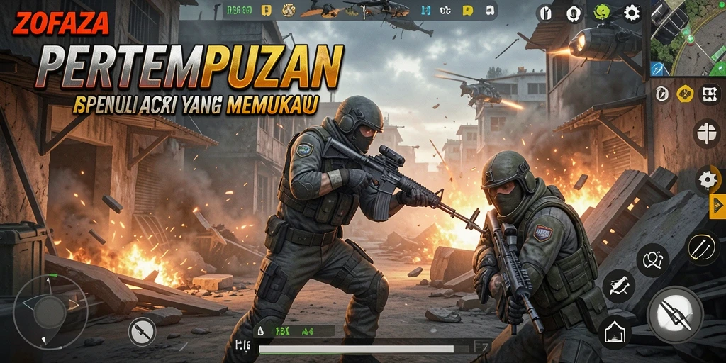 Screenshot gameplay ZOFAZA menunjukkan aksi tembak-menembak seru di medan perang.